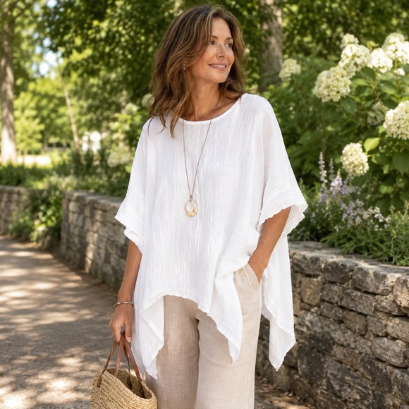 Difera Sweaters - Difera White Linen Blend Crinkle Gauze Tunic Top Handkerchief Hem Germany OS‎